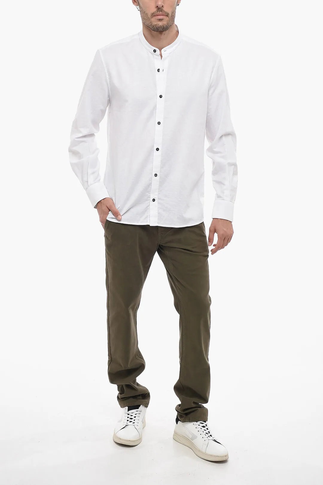 Camicia collo Coreana in Misto Lino