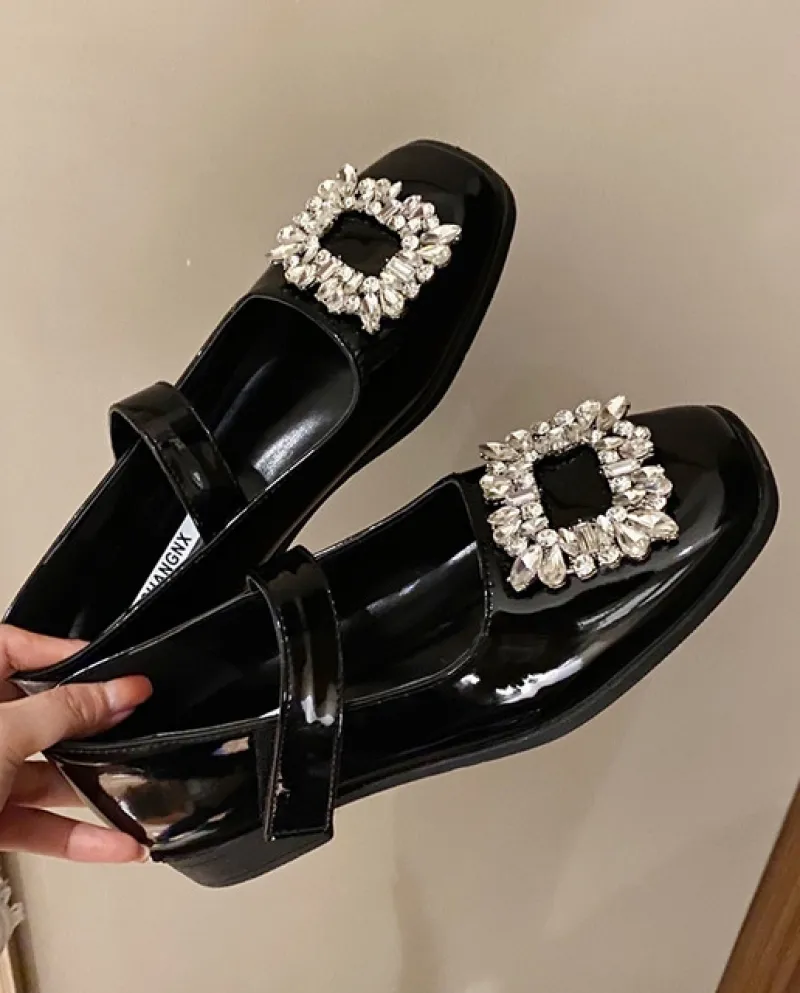 Mary Jane Scarpe singole da donna di lusso in velluto con strass Fibbia quadrata Tacchi alti Comode scarpe da pendolare con tacc