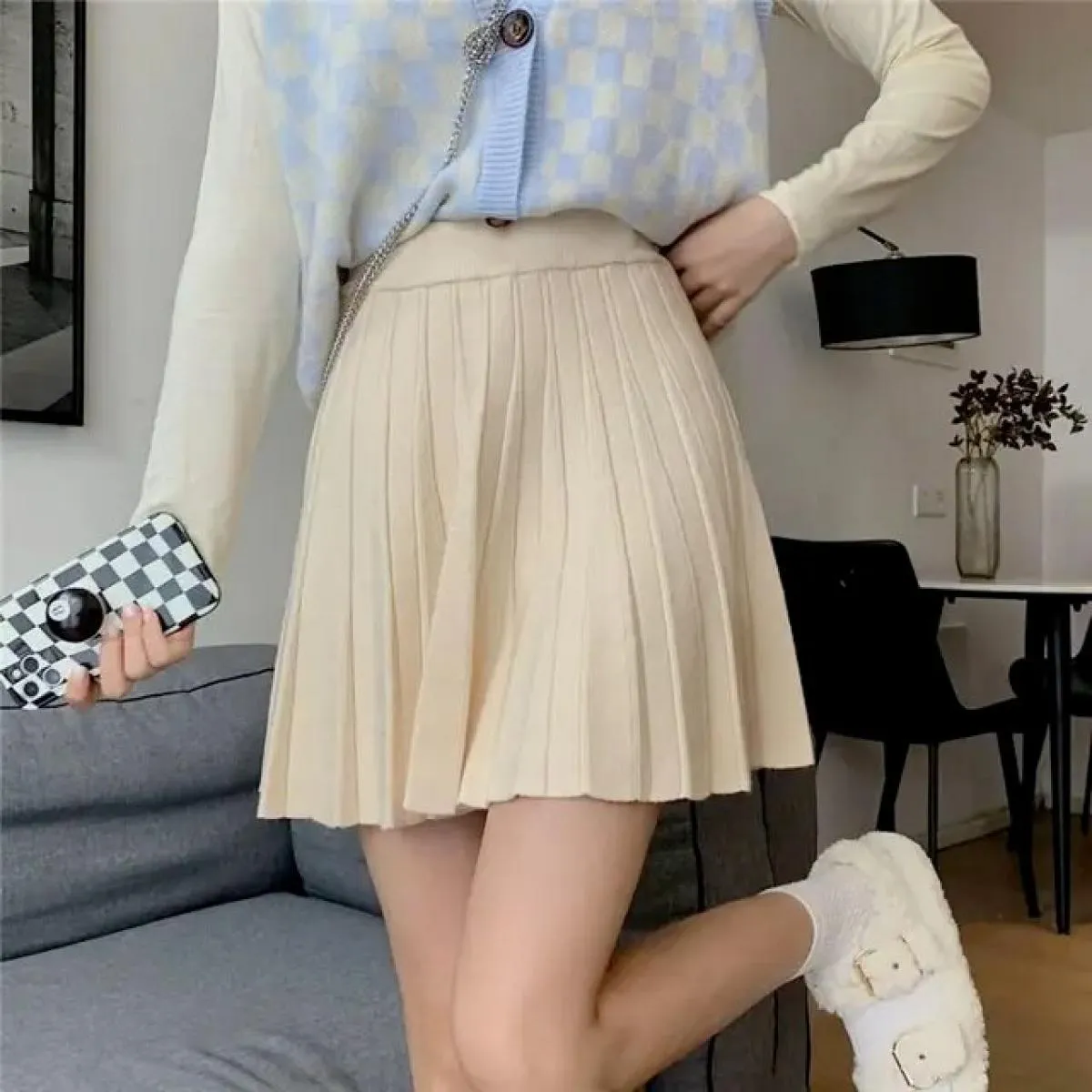 Skirt Short Knitted Skirt Faldas Mujer Moda 2023 Spring Retro Slim  Grey  Pleated Skirts Harajuku Women Skirt New