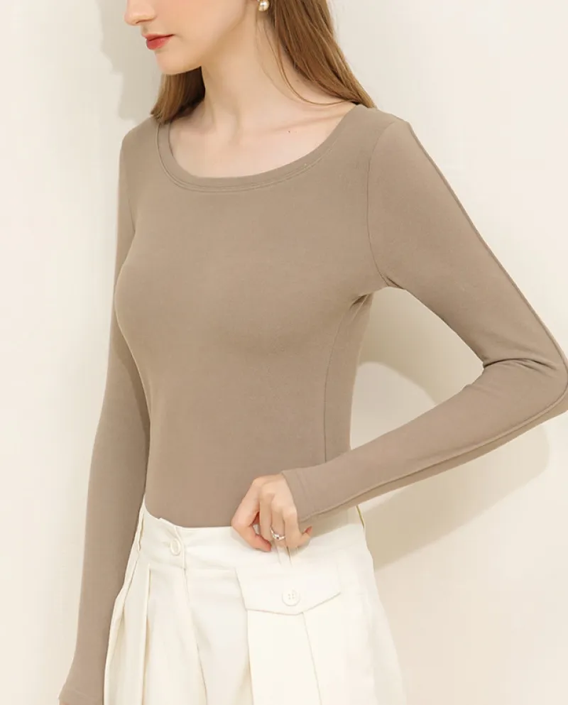 T-shirt basic da donna a maniche lunghe girocollo primavera e autunno nuova camicia con fondo in velluto a doppia faccia
